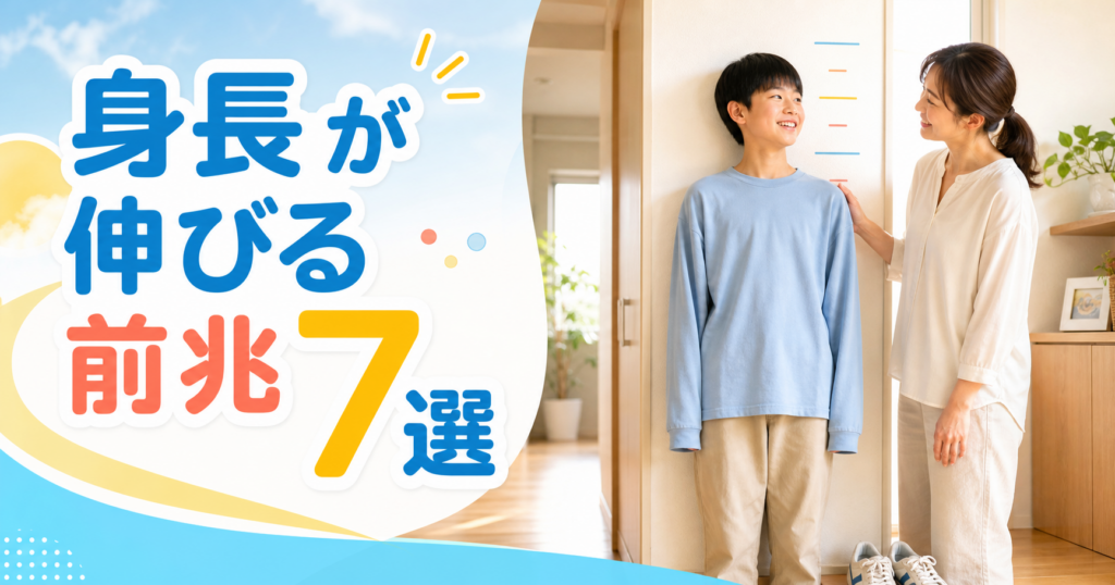 身長が伸びる前兆7選と、身長を測る中学生の親子