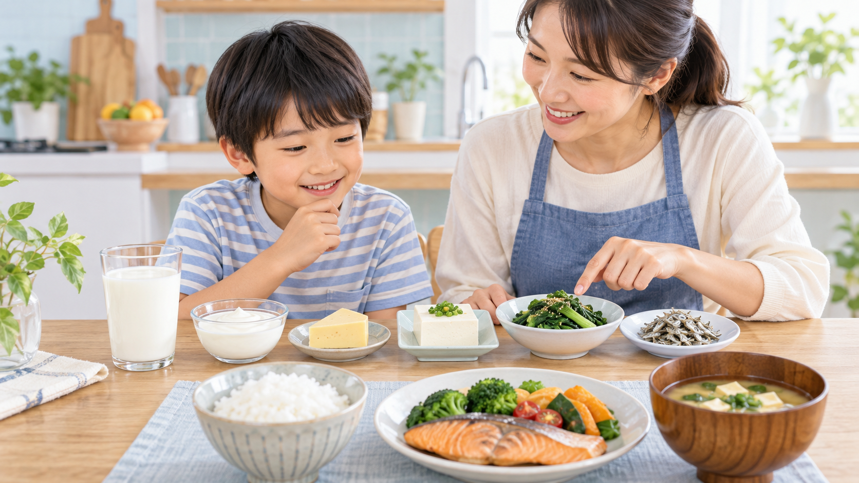 牛乳、ヨーグルト、チーズ、豆腐、小松菜、小魚を食卓で選ぶ親子