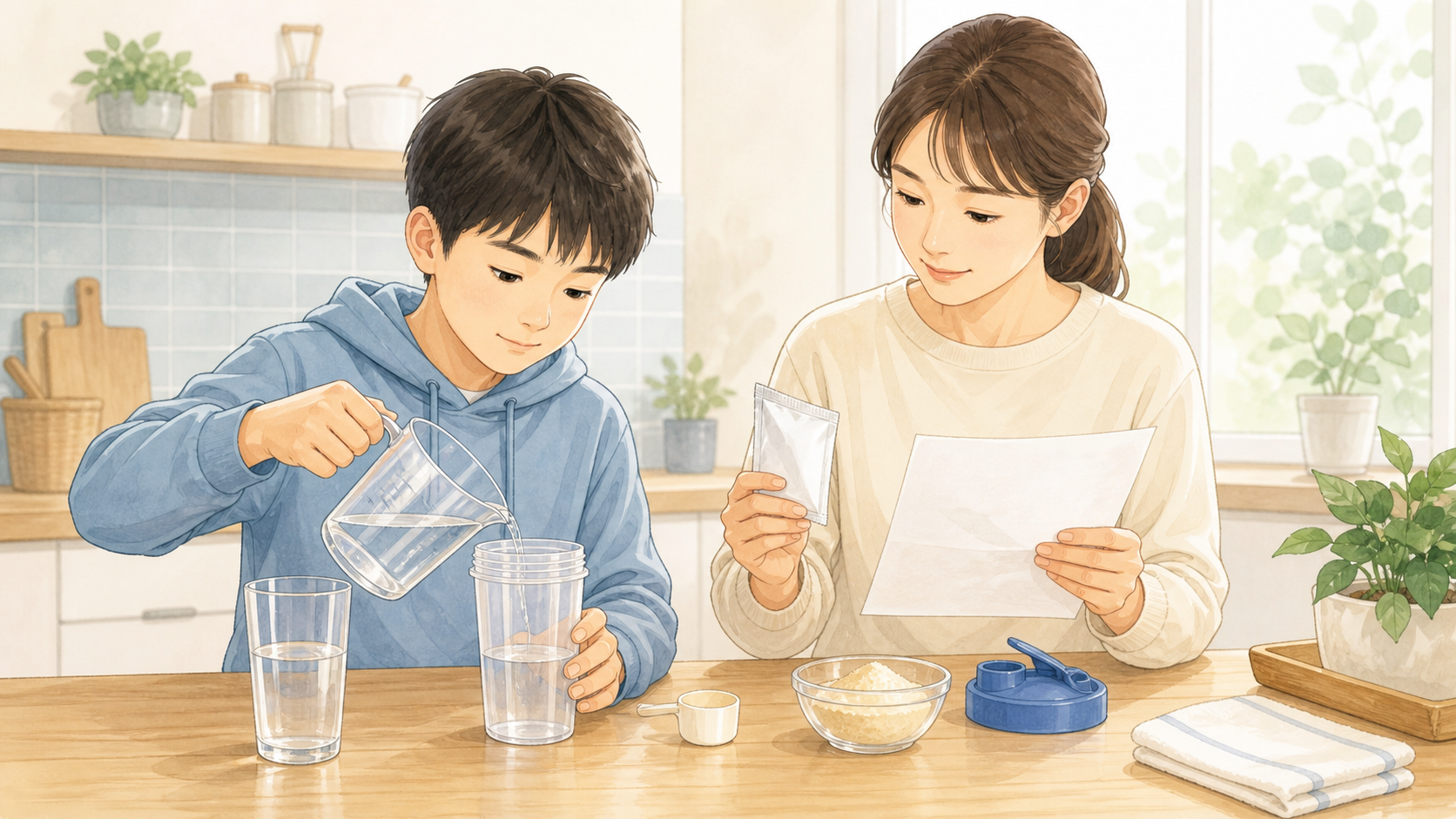 ドクターセノビルを水で作る前に、商品表示と水量を確認する親子のイラスト
