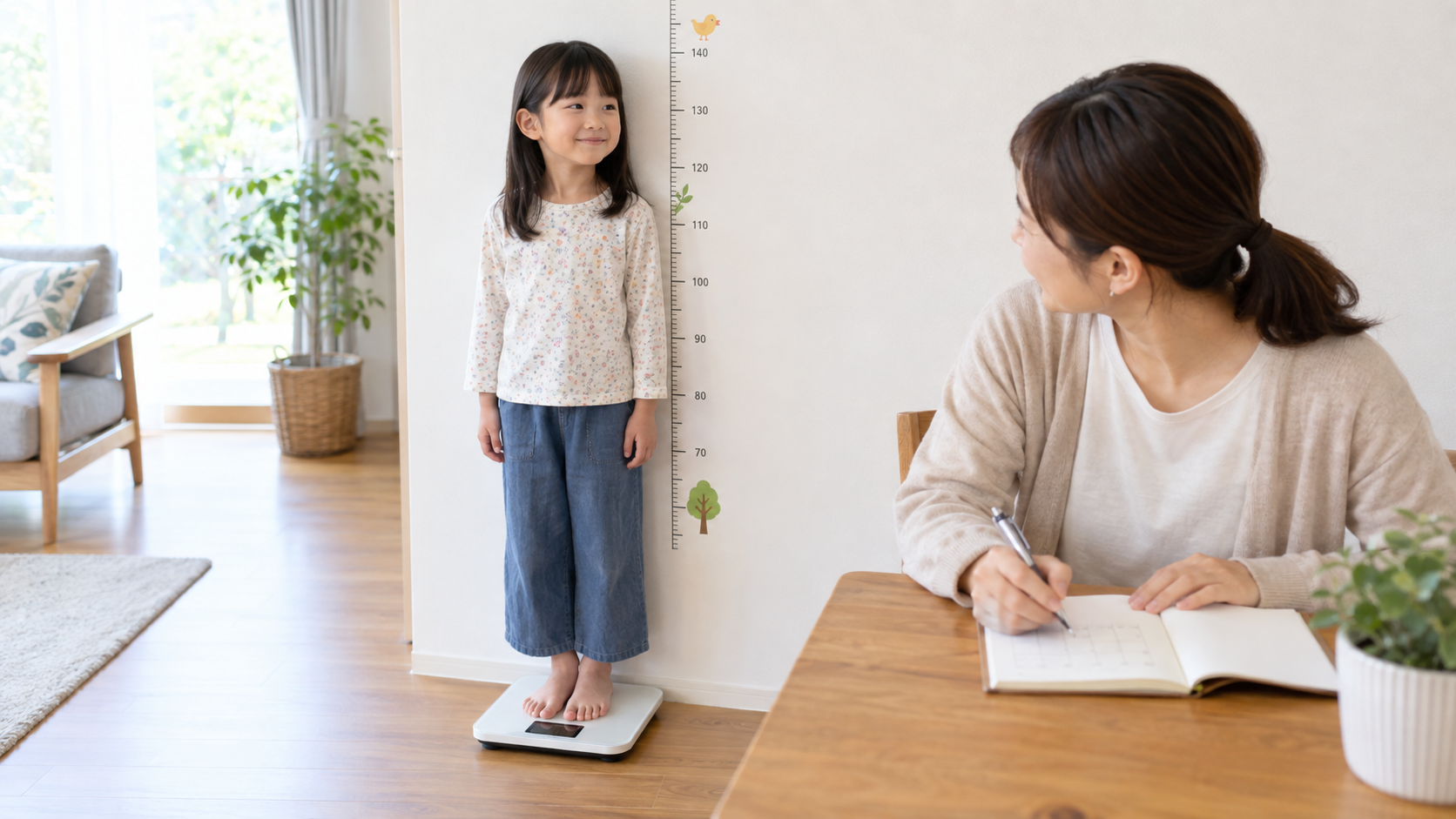 家庭で子どもの身長と体重を測り、保護者が日付と数値を記録する様子