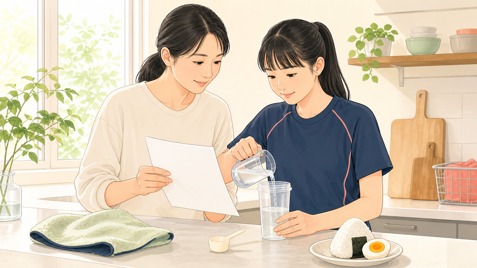 フィジカルメンテPROを作る前に、商品表示と水量を確認する親子のイラスト