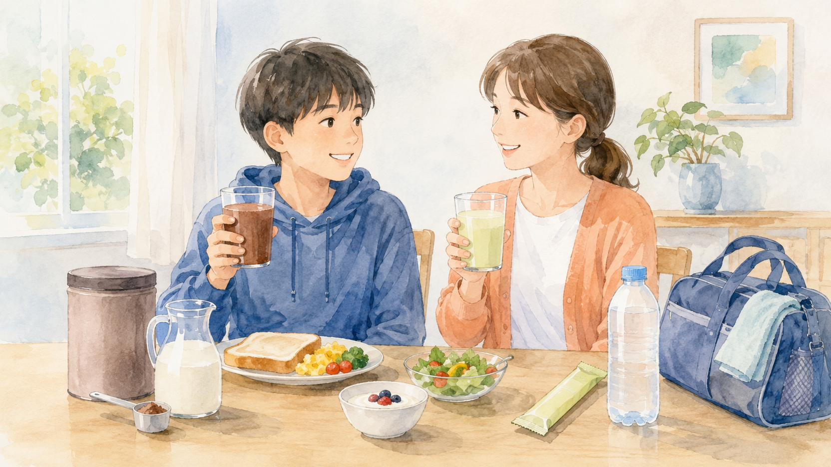 ココア系の粉末飲料と水で作る果物系の粉末飲料を親子で比べるイラスト