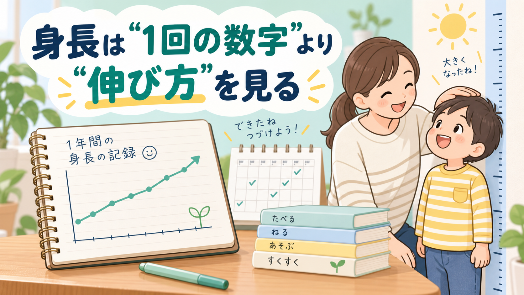 身長を一回の数値ではなく伸び方で確認する成長記録のイラスト