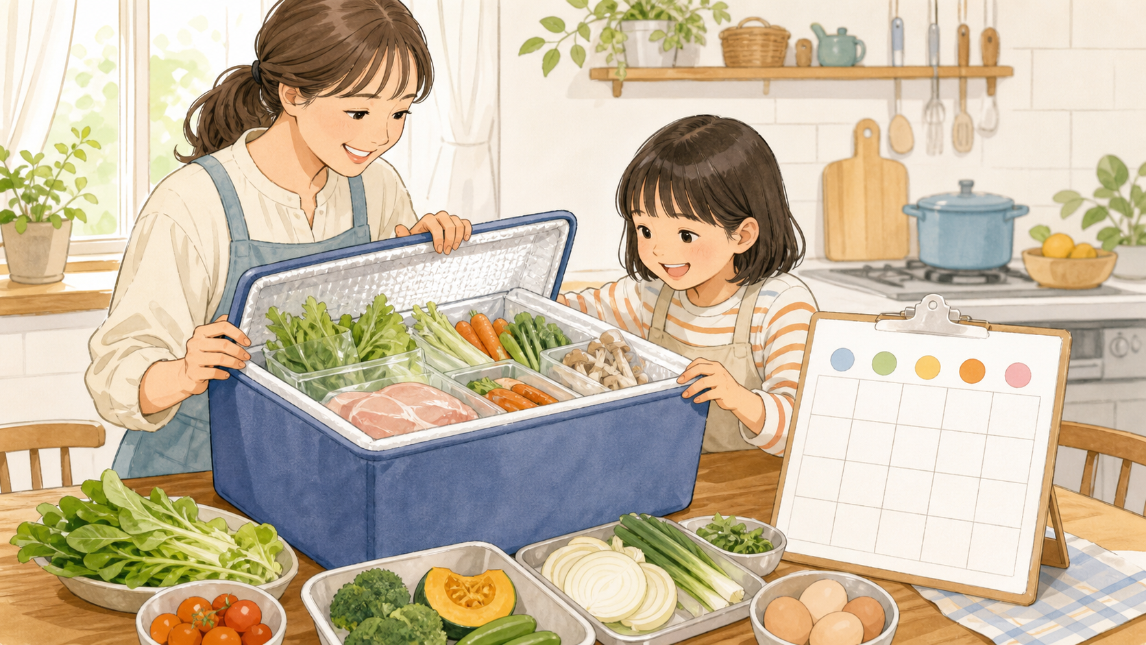 ヨシケイのお試し5日間を想定し、食材ボックスと5日分の確認表を見る親子のイラスト