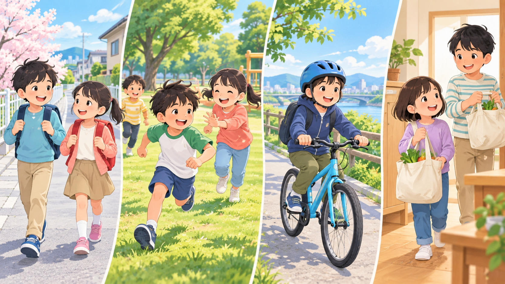 徒歩通学、鬼ごっこ、自転車、買い物の手伝いで体を動かす子どものイラスト