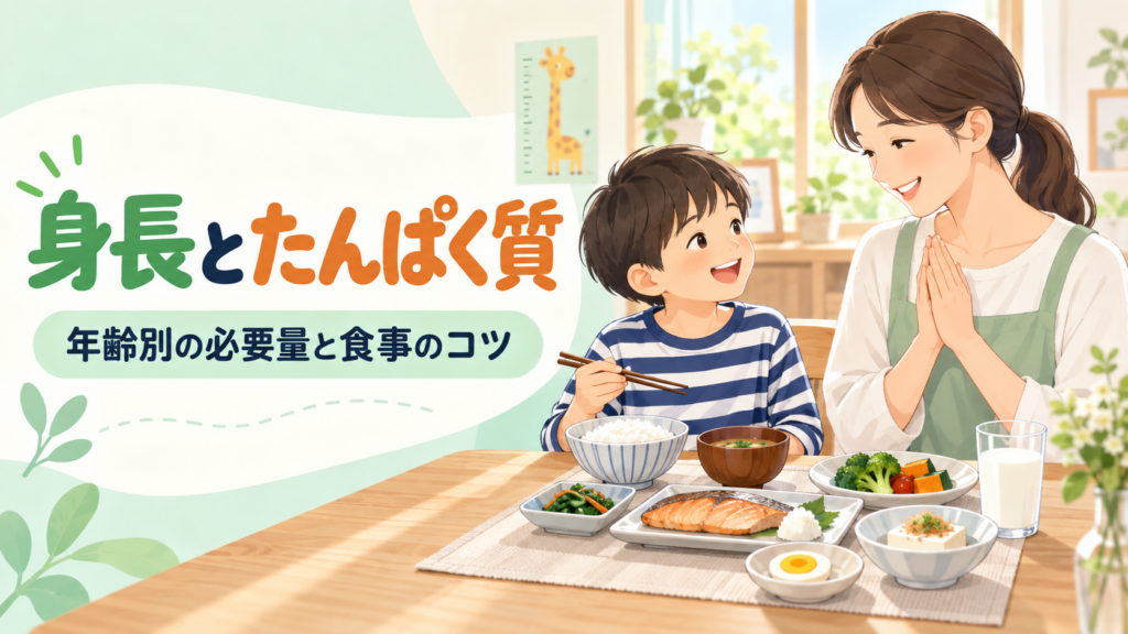 子どもの身長とたんぱく質をテーマに、魚・卵・豆腐などの食事を見る親子