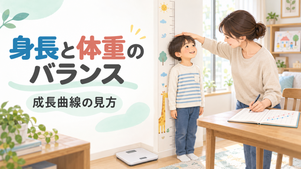 身長計で子どもの成長を記録する保護者と「身長と体重のバランス 成長曲線の見方」の文字