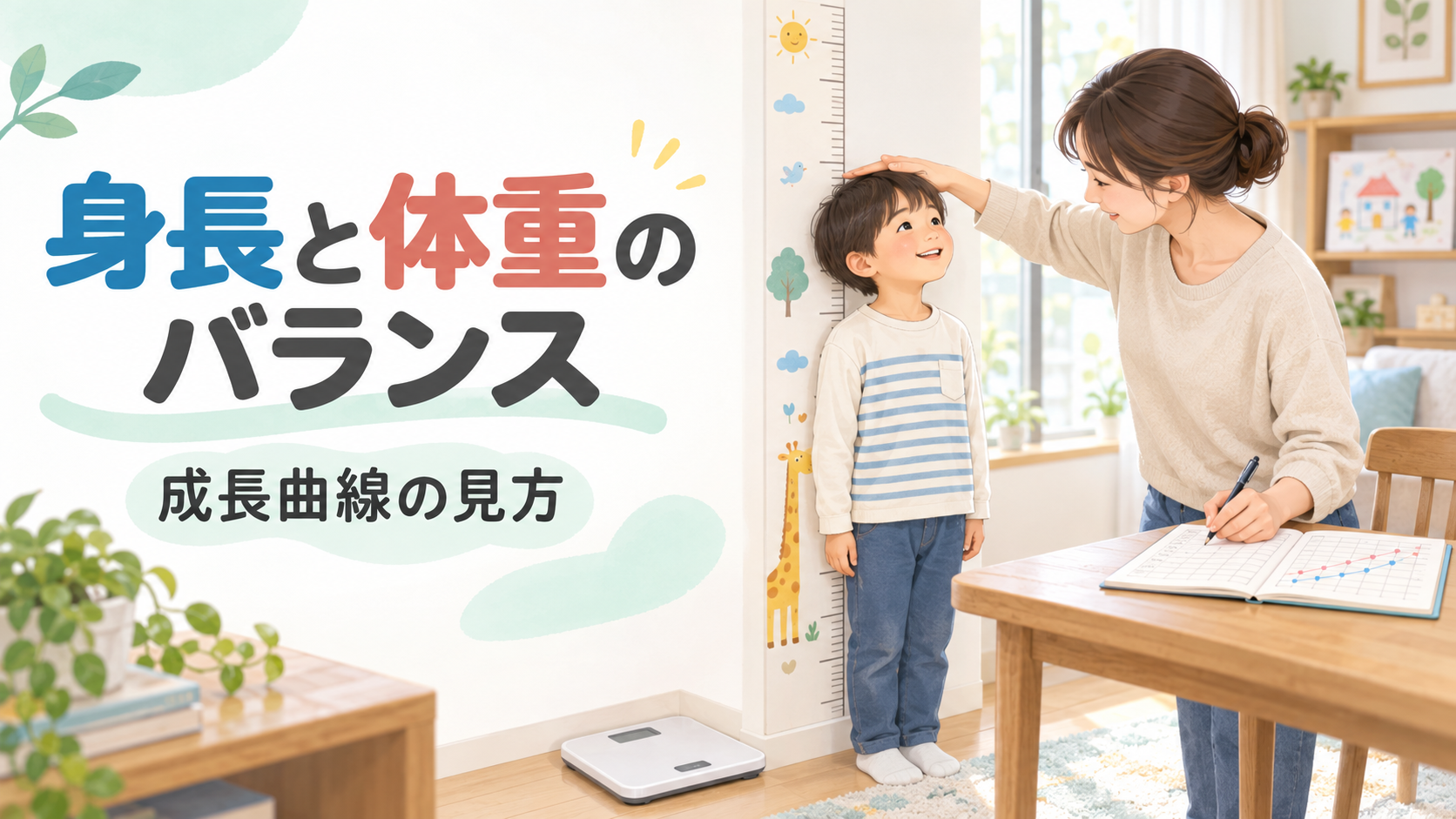 身長計で子どもの成長を記録する保護者と「身長と体重のバランス 成長曲線の見方」の文字