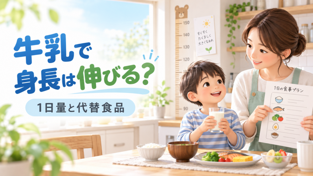 牛乳を持つ子どもと食事プランを確認する母親、「牛乳で身長は伸びる？1日量と代替食品」の文字