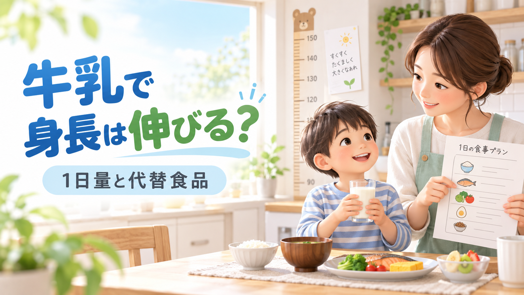 牛乳を持つ子どもと食事プランを確認する母親、「牛乳で身長は伸びる?1日量と代替食品」の文字