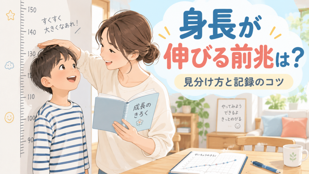 身長計の前で子どもの成長記録を確認する親子と「身長が伸びる前兆は？見分け方と記録のコツ」の文字