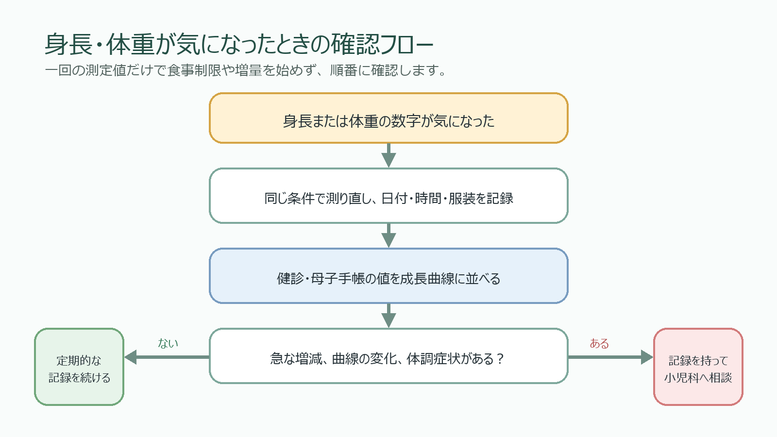 身長や体重が気になったときに測り直し、成長曲線、急な増減や体調を確認して相談する流れ