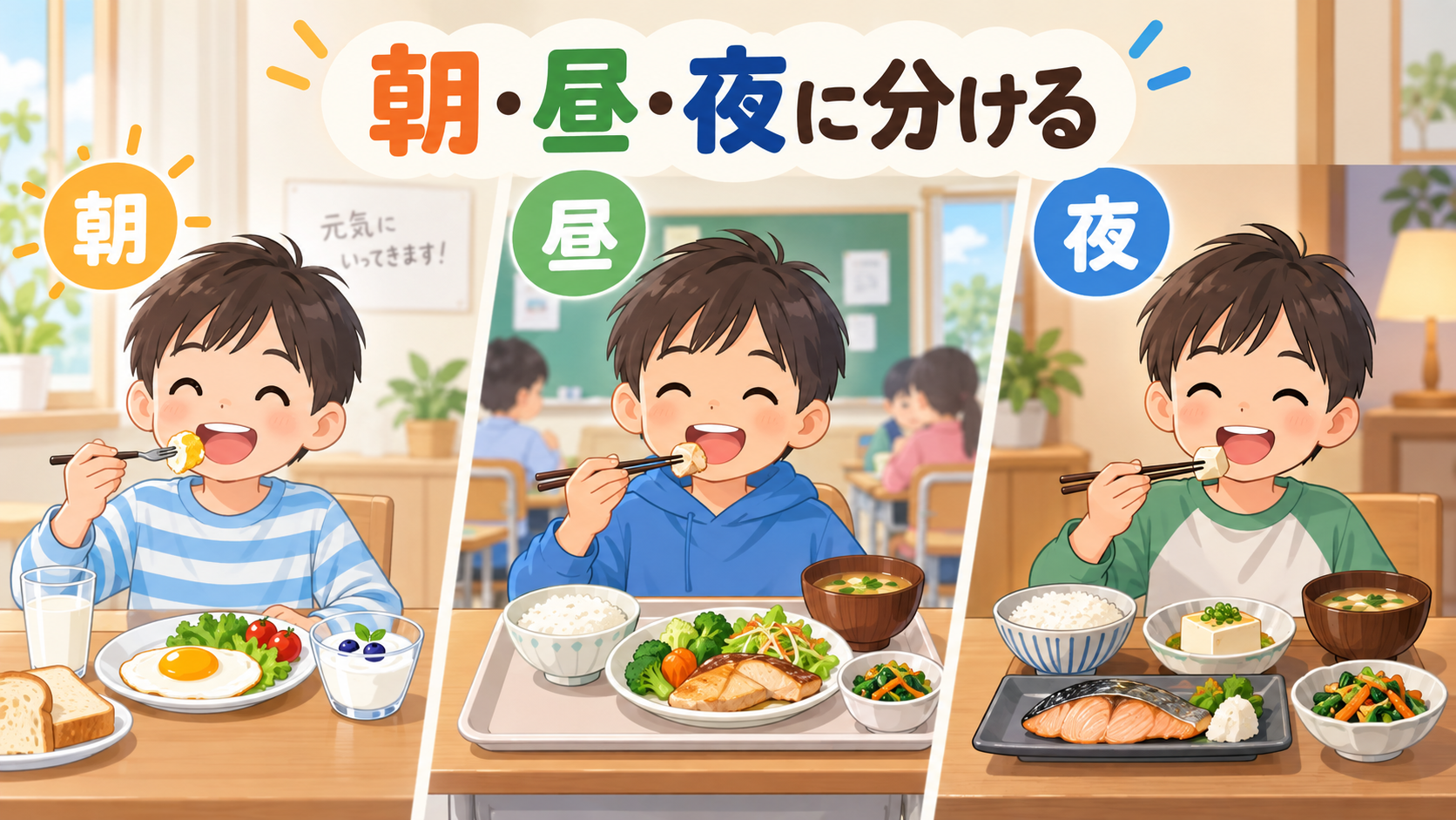 朝食・昼食・夕食にたんぱく質源を分ける子どもの食事例