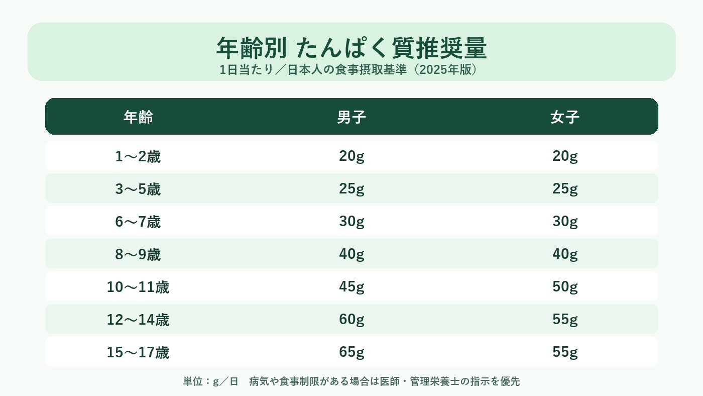 1歳から17歳までの年齢別・男女別たんぱく質推奨量の表