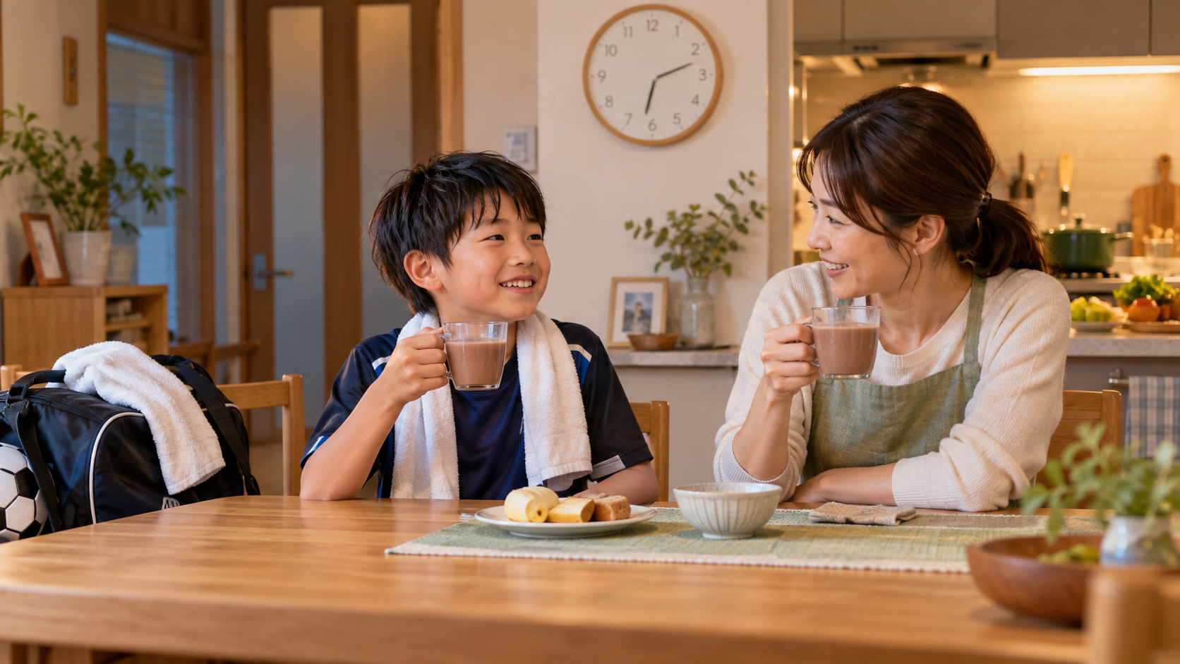運動後に帰宅した子どもが夕食前の時間を確認しながら飲み物を飲む様子