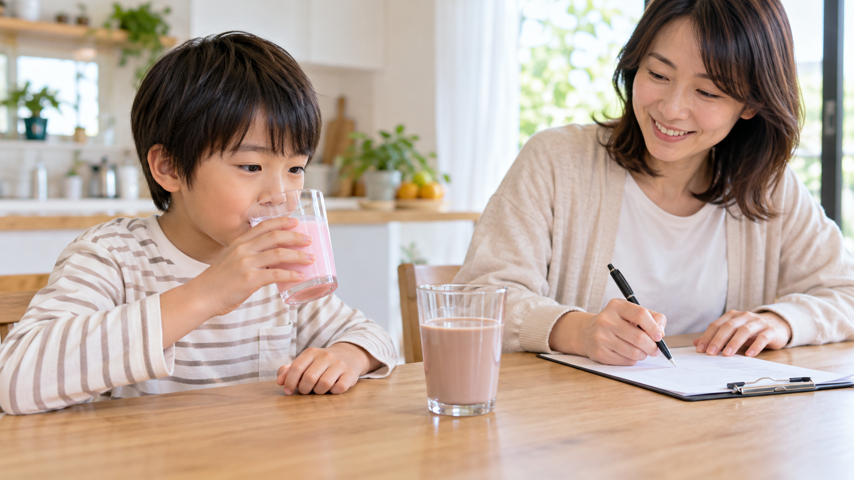 親子でココア色とイチゴミルク色の飲み物を少量ずつ比べている様子