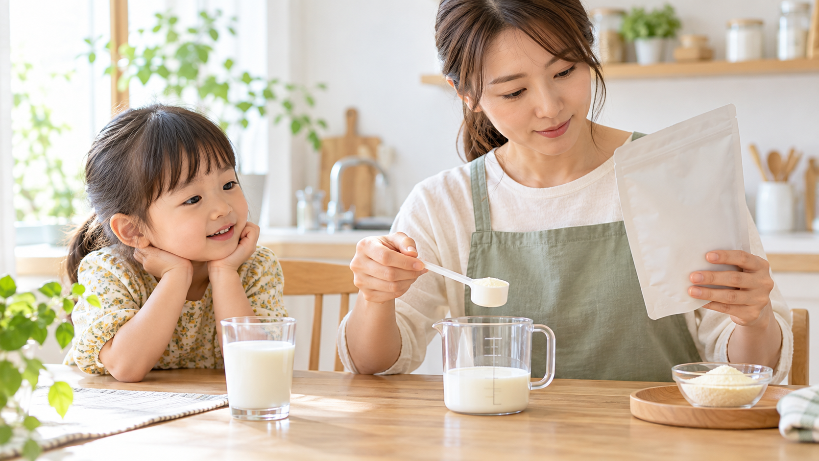保護者が表示を確認しながら計量スプーンで栄養補助飲料を作る様子