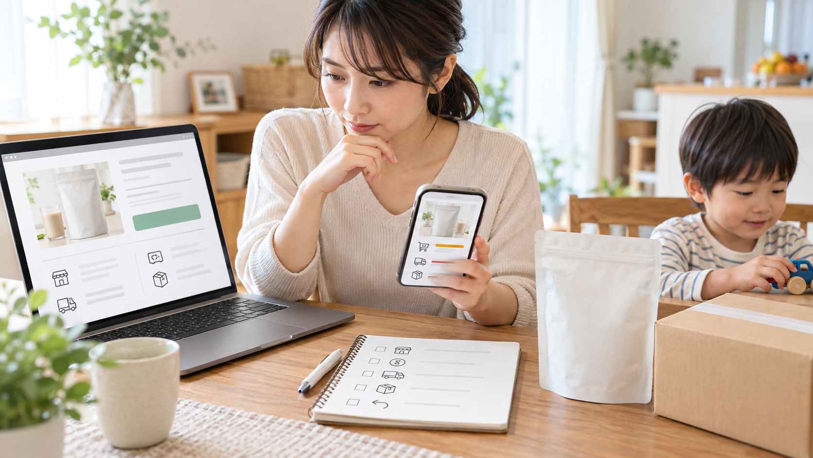 保護者がパソコンとスマートフォンで販売元や購入条件を比較する様子