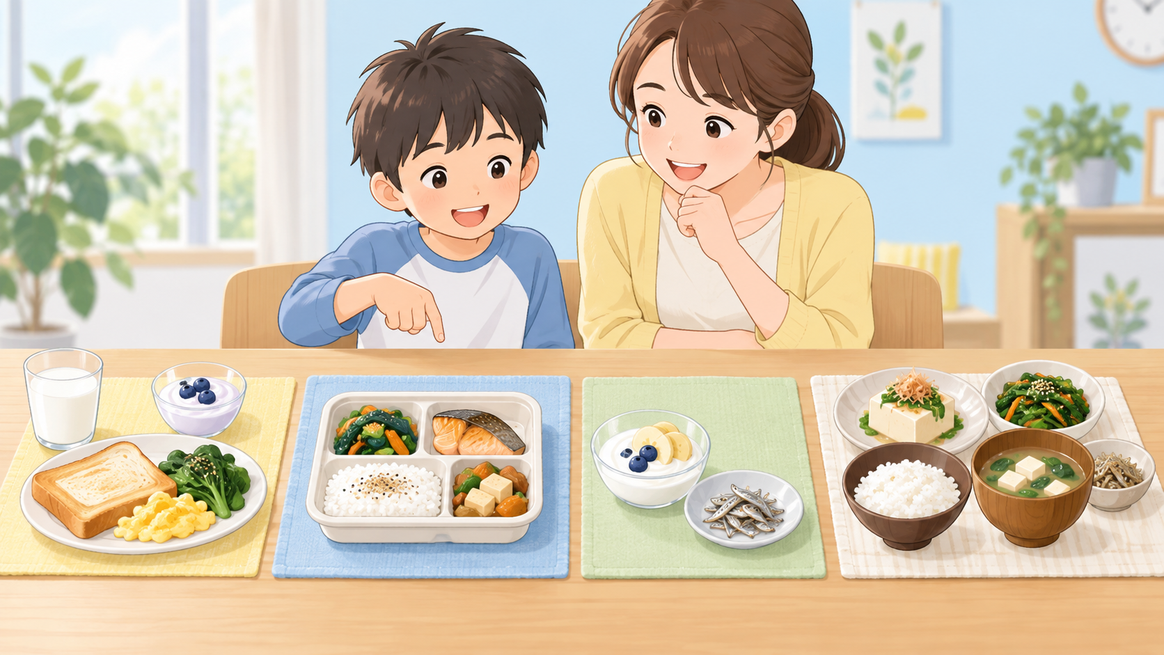 朝食・昼食・間食・夕食にカルシウムを含む食品を分ける親子のイラスト
