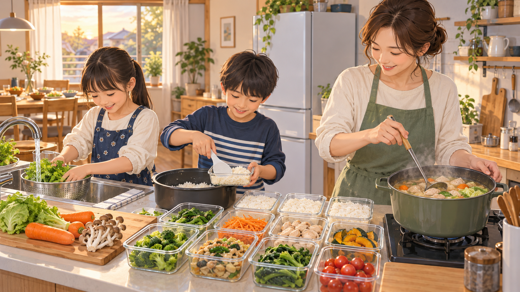 親子で野菜を洗い、ごはんとおかずを分けて準備する夕食の作り置き風景
