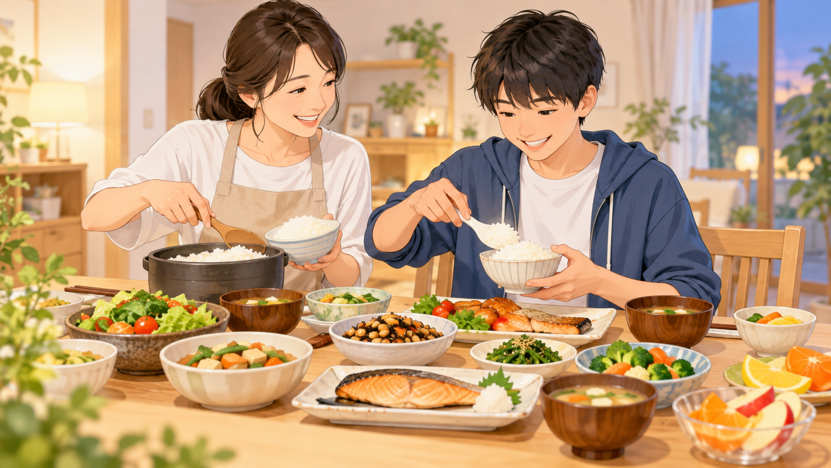 保護者と成長期の子どもが食卓で運動量と食欲に合わせてご飯をよそう様子