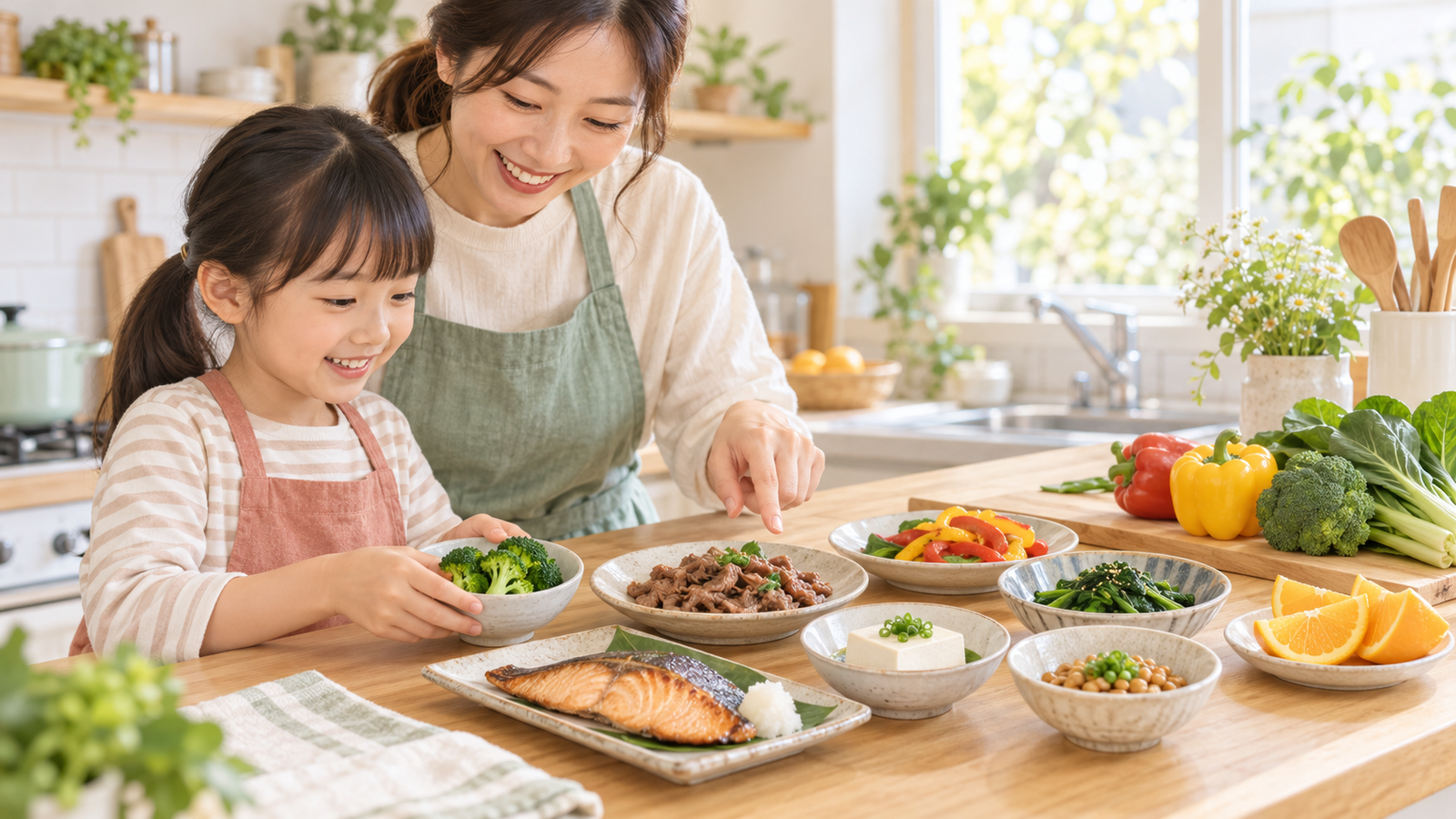 親子が赤身肉、魚、豆腐、納豆、小松菜、ブロッコリー、果物を組み合わせた食事を準備しているイラスト