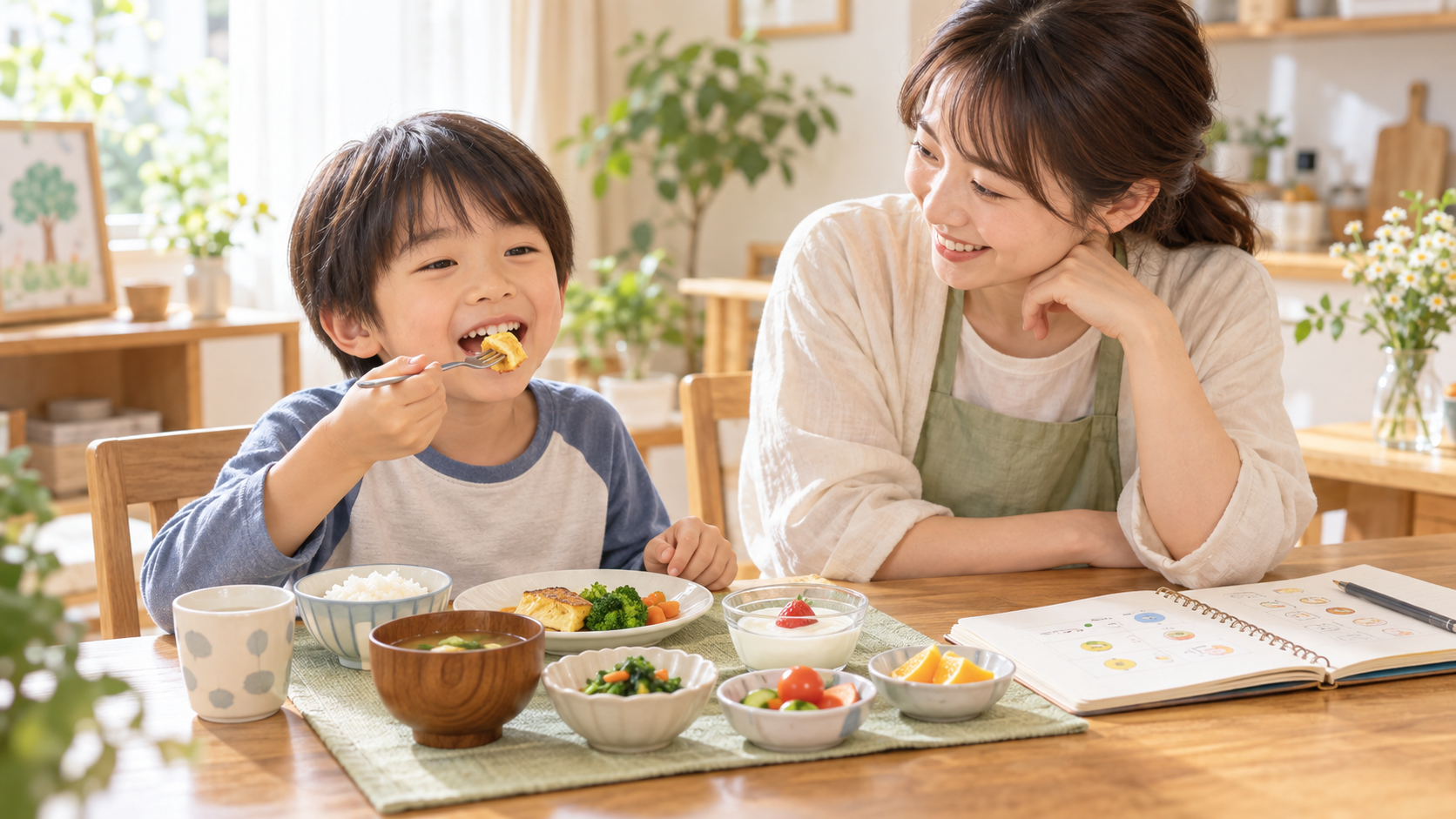 少量の主食、主菜、副菜、乳製品、果物を並べた食卓で親子が穏やかに食事する様子
