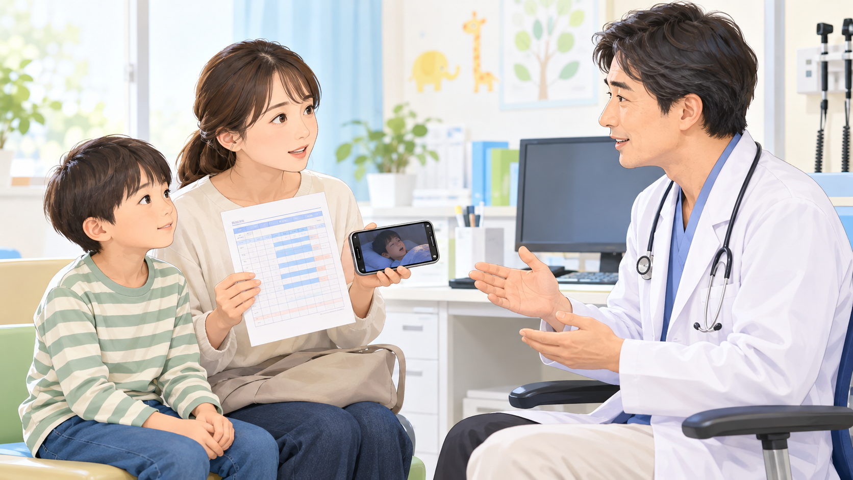 子どものいびきについて睡眠記録と動画を見せながら医師へ相談する親子のイラスト