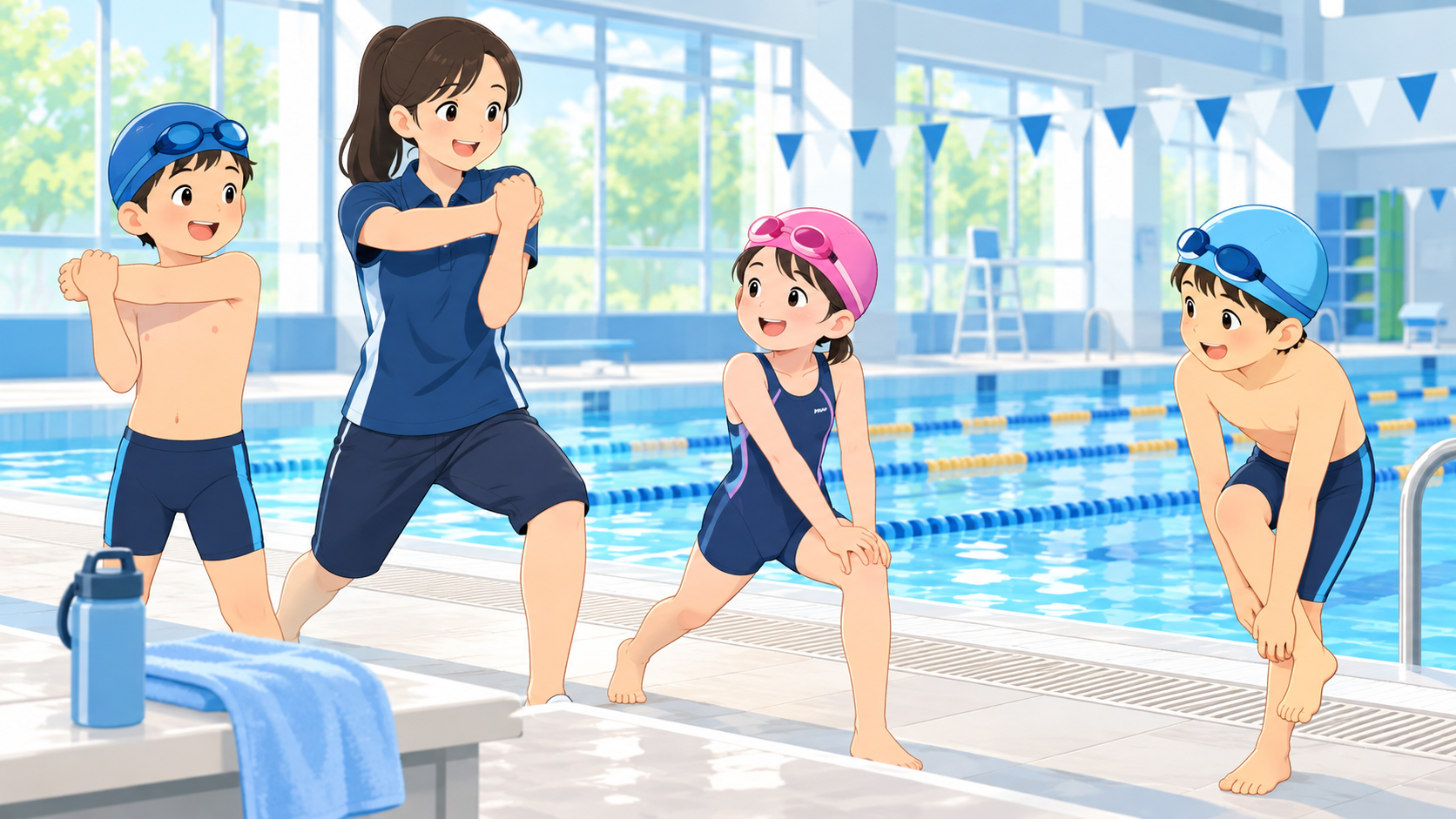 屋内プールで水泳前にコーチと準備運動をする子どもたち