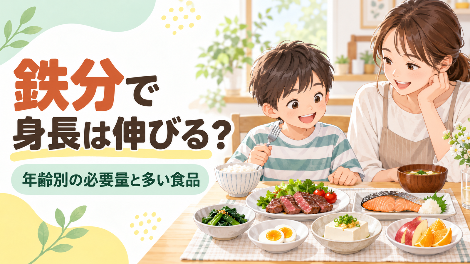 鉄を含む食品を並べた食卓で親子が食事をし、鉄分と子どもの身長について示すアイキャッチ