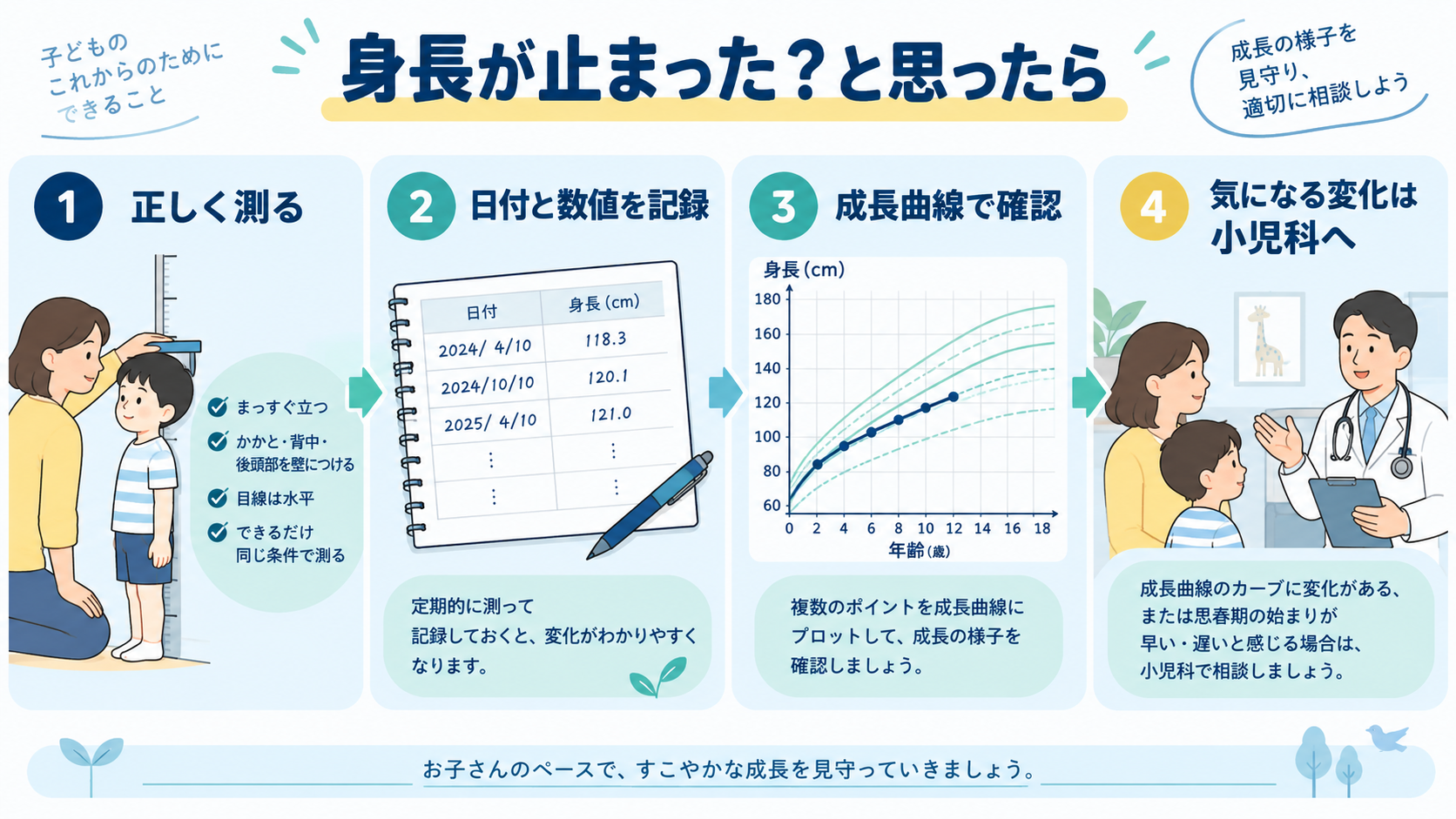 身長を正しく測り、記録し、成長曲線で確認し、気になる変化を小児科へ相談する4段階の手順